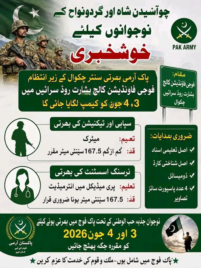 Pak Army Jobs Camp 3, 4 june 2026 Choa Saidan Shah Chakwal
